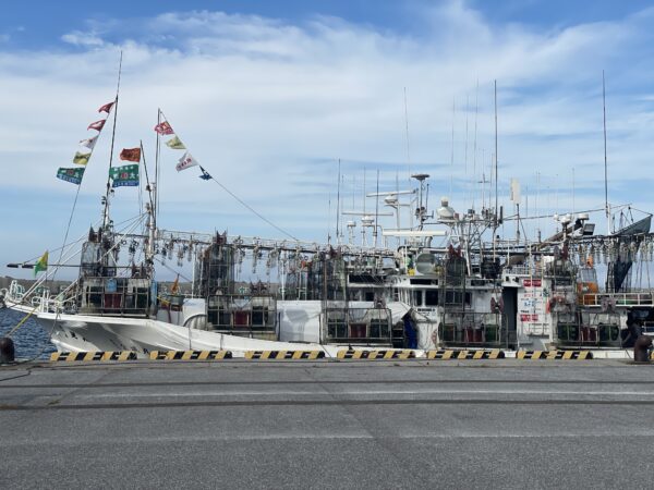 Tintenfisch-Fischerboot im Hafen von Ōhata